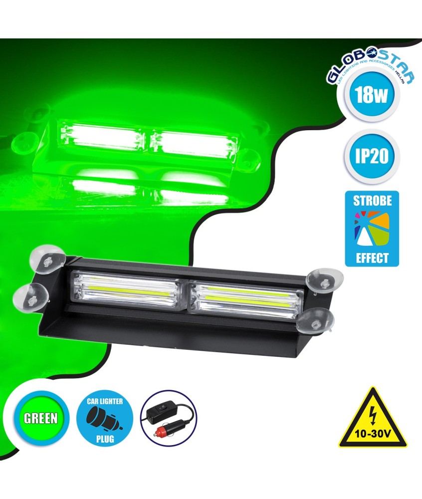 GloboStar® 85113 PRO Series Μπάρα Σήμανσης με Βεντούζες για Παρμπρίζ Οχήματος Security - Ασφαλείας για Αυτοκίνητα & Φορτηγά 13 Προγραμμάτων Φωτισμού STROBE LED CREE CXB COB 18W DC 10-30V IP20 Πράσινο